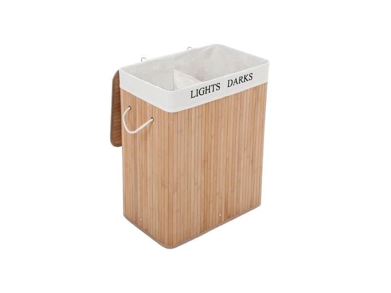 Songmics Wäschesammler Bambus 100 l, Nature/Weiss Wäschekorb mit zwei Fächern