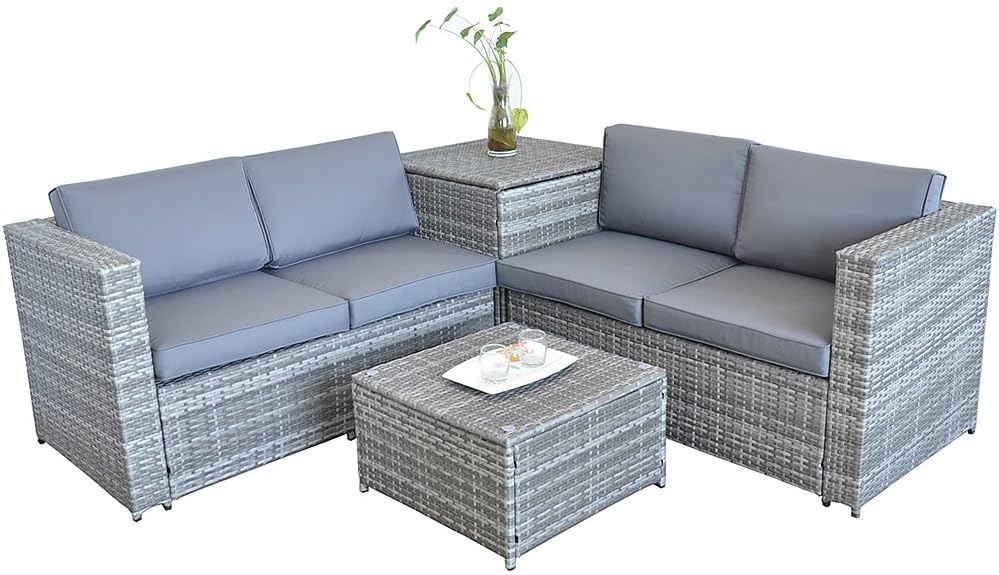 Mucola Polyrattan Lounge Set mit Kissenbox – Gartenlounge XXL, wetterfest & UV-beständig, inkl. Tisch mit ESG-Glasplatte, modulare Outdoor Sitzgruppe für Garten, Terrasse & Balkon, Grau