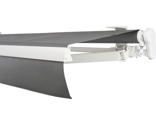 SOLUNA knikarmscherm Proof 2,5x2 Stoffen design 8203 Frame RAL 9010 Zuiver wit Aandrijving rechts incl. slinger