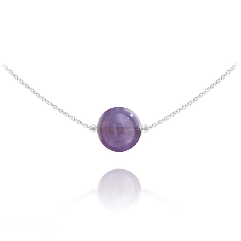 Collier ras du cou en argent 925 rhodié avec pierre naturelle 10mm - Améthyste