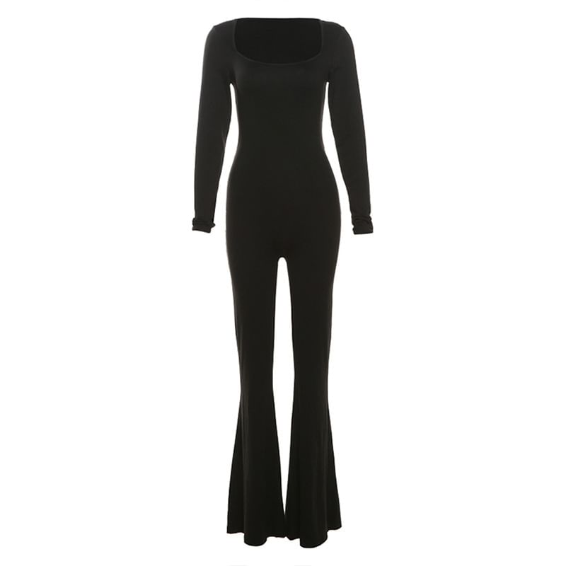 HERMITAKH - Lange mouwen, vierkante hals, effen, rugloos, uitlopende jumpsuit