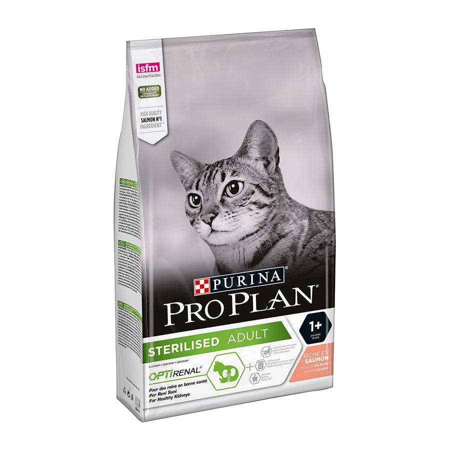 Ração esterilizada Pro Plan Adult para gatos com sabor de salmão.