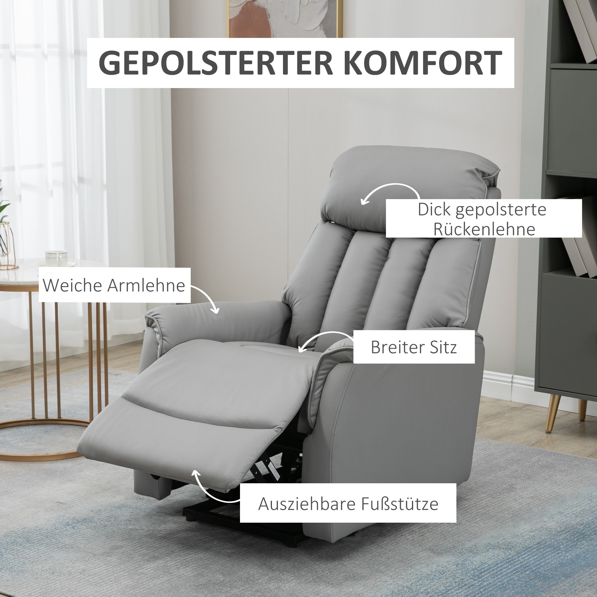 HOMCOM Aufstehsessel mit Liegefunktion grau 80B x 94T x 104H cm