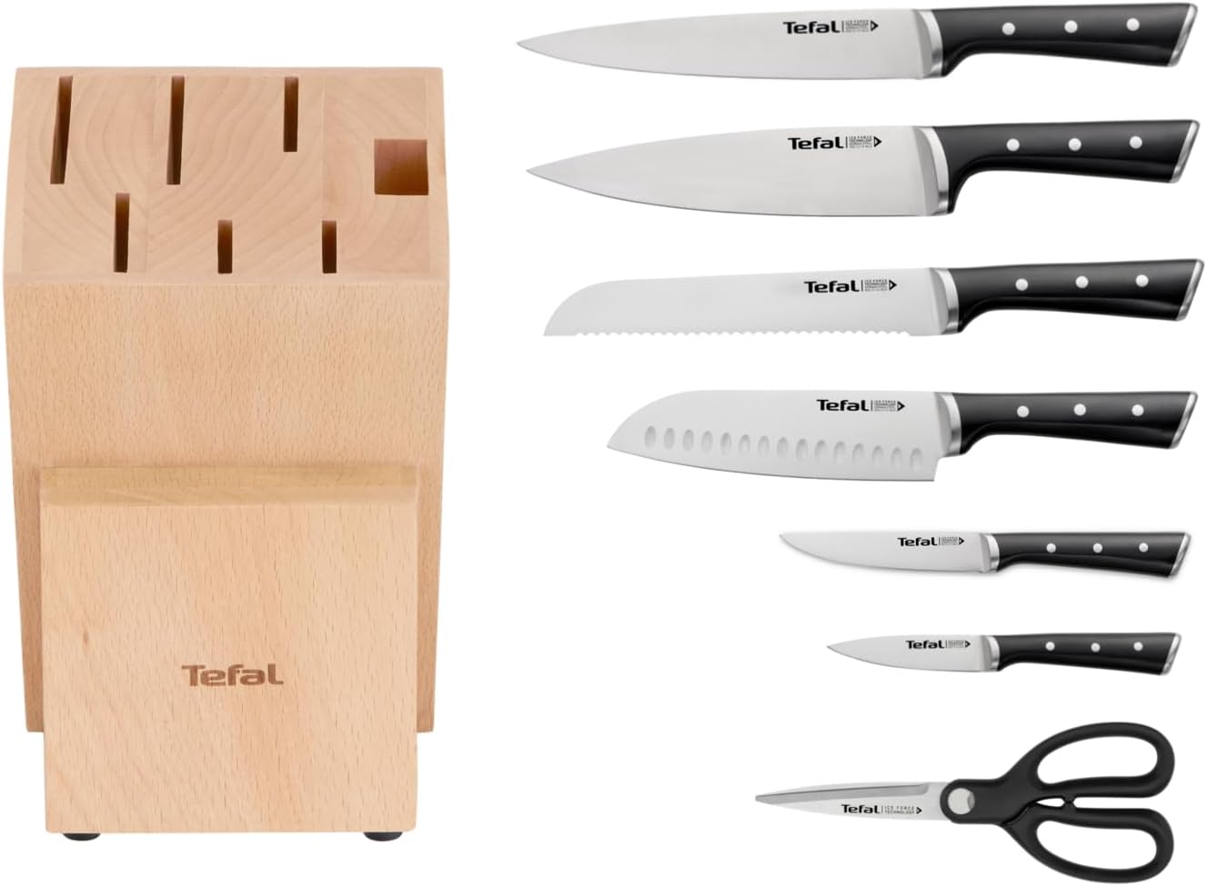 Tefal Ice Force 8-tlg. Messerblock-Set, 6 Messer, 1 Schere, 1 Holz-Messerblock, hochwertiger deutscher Edelstahl, Ice Force Technologie, korrosionsbeständig, schwarz, braun, silber, K232S7