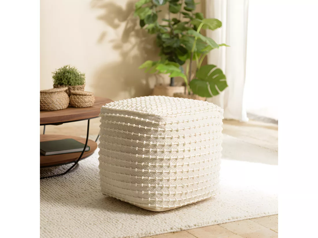CHARLES - Pouf carré en laine texturée couleur ivoire