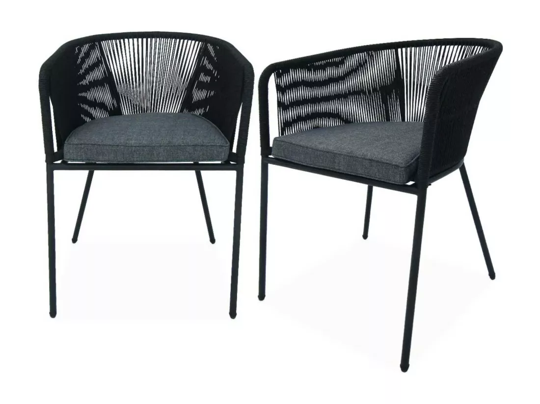 Lot de 2 fauteuils de jardin en corde noire et acier galvanisé. coussin gris