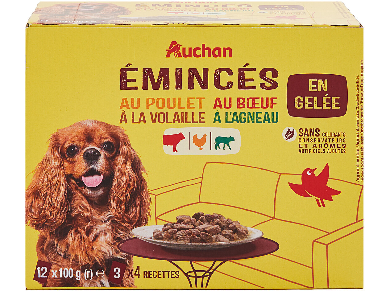 COMIDA HÚMIDA PARA CÃO AUCHAN SAQUETAS PEDAÇOS EM GELEIA CARNES 12X100G