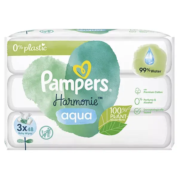 Lenços umedecidos Pampers Harmonie Aqua, 0% plástico, 100% fibras vegetais, 99% água, 3 pacotes com 48 lenços cada.