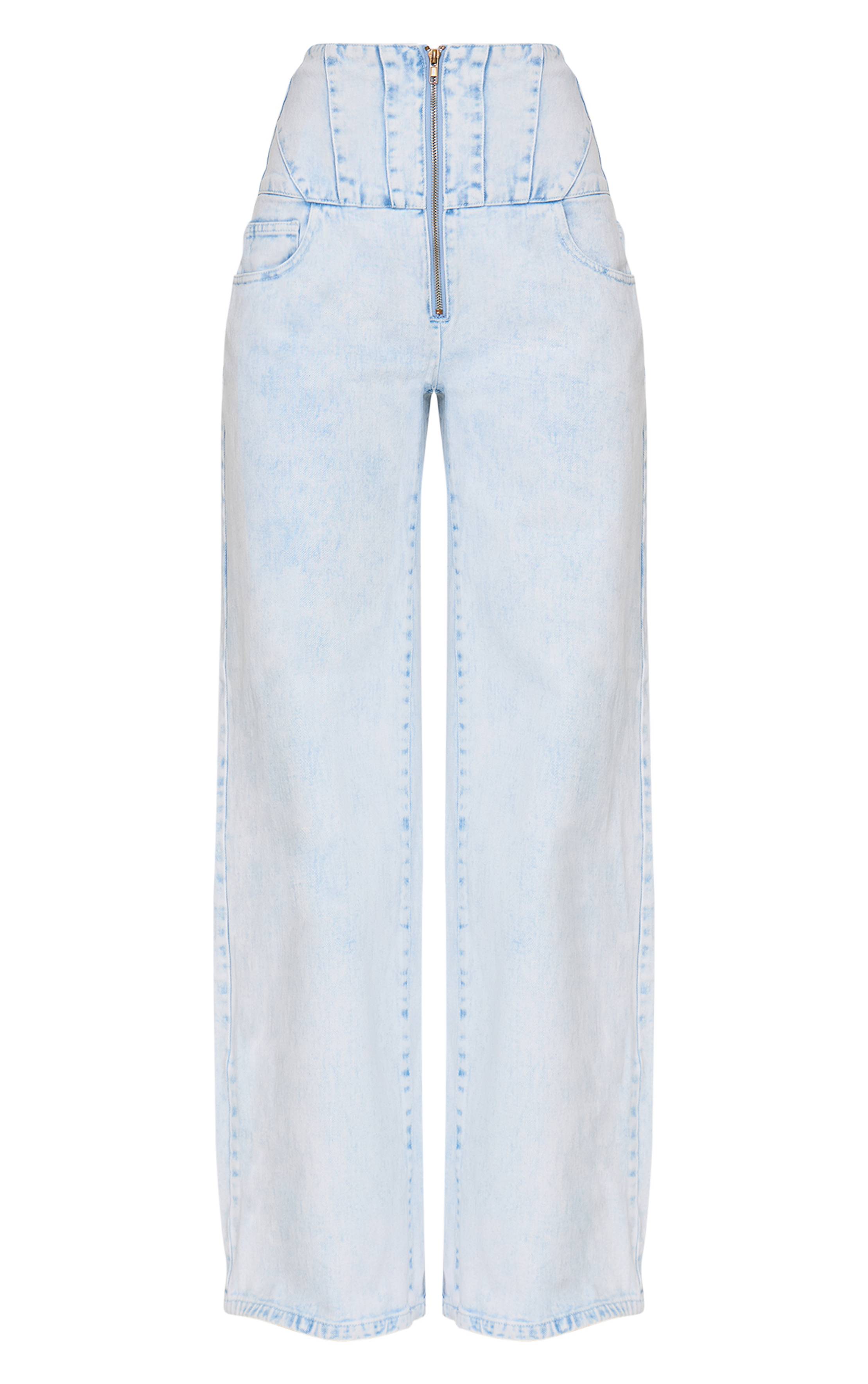 Light Blue Acid Wash Jean Taille Corset Détails De Coutures Délavage Acide