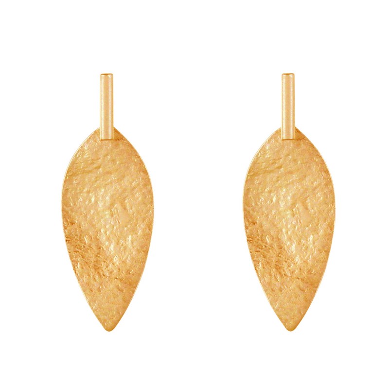 Boucles d'Oreilles Laiton Doré Tige et Feuille Martelée