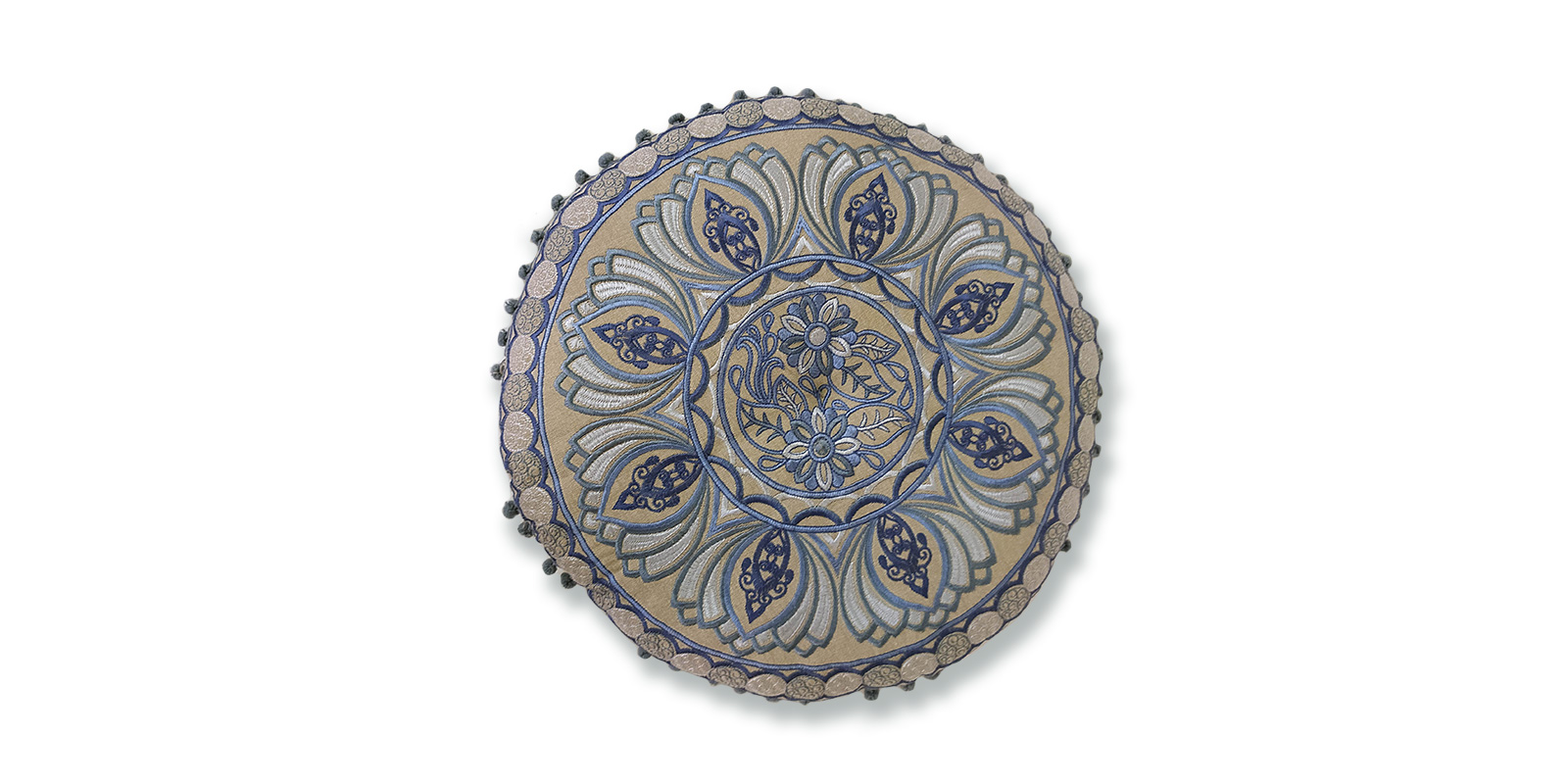 Besticktes Sitzkissen, beige, blau, Ø 55 cm, H 10 cm von fischer's lagerhaus