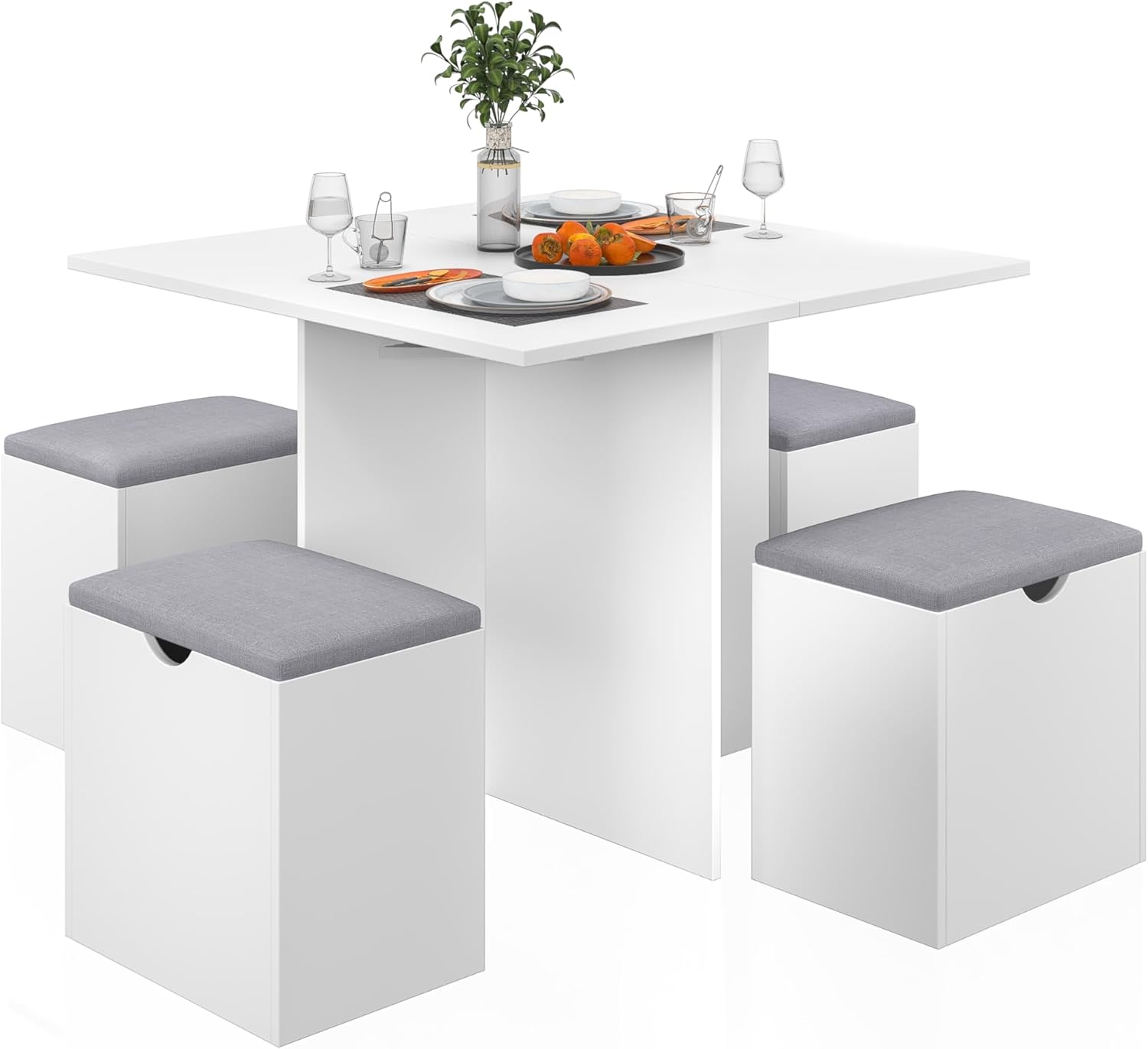 Mondeer Essgruppe, Esstisch mit 4 Hockern Weiches Kissen, Esstisch Set mit Stauraum, für Kleine Räume Esszimmer Küche, 80 x 80 x 75 cm, Weiß und Grau