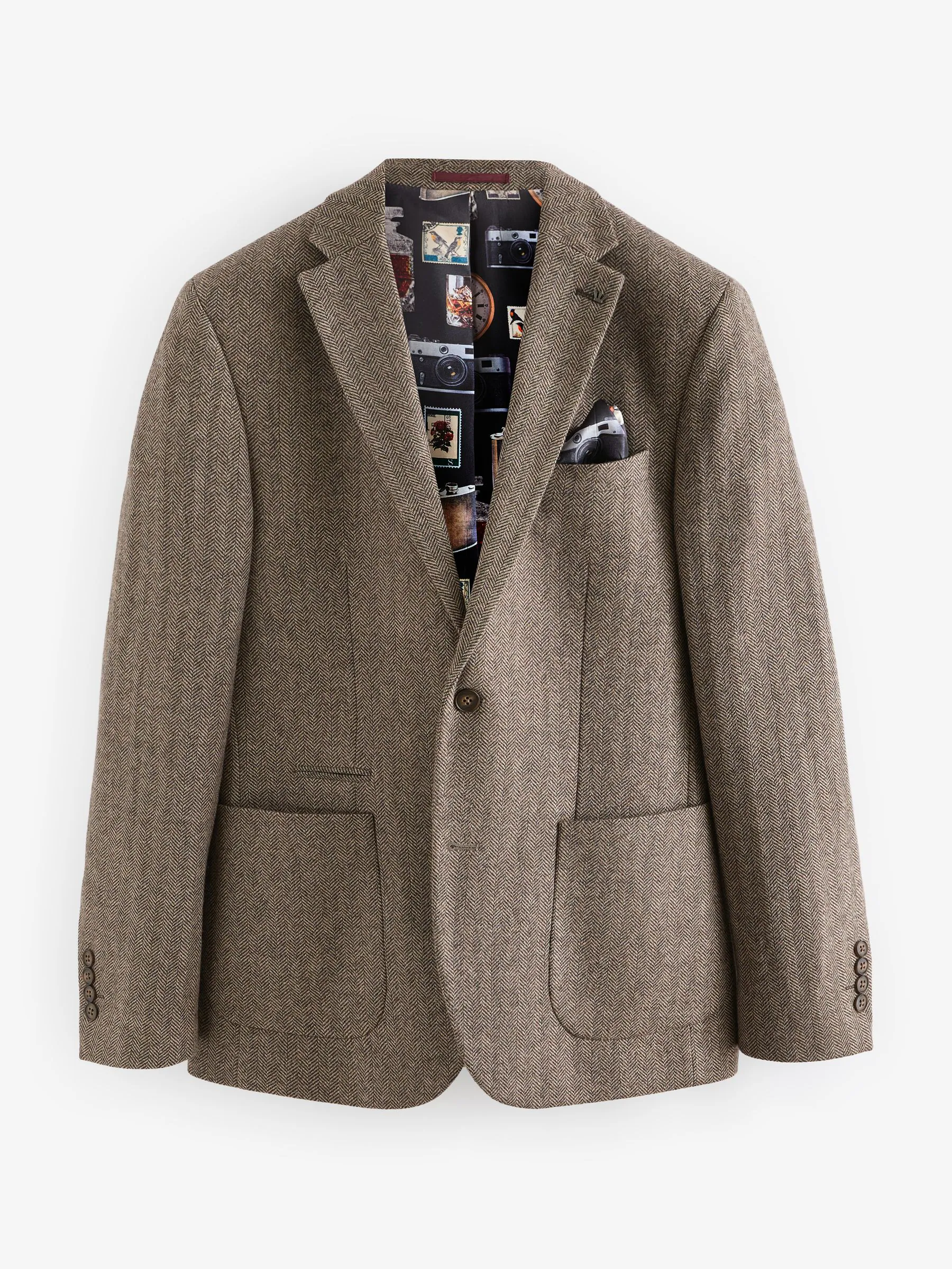 Taupe - Normale Pasvorm - Blazer met visgraatmotief en hoog wolgehalte