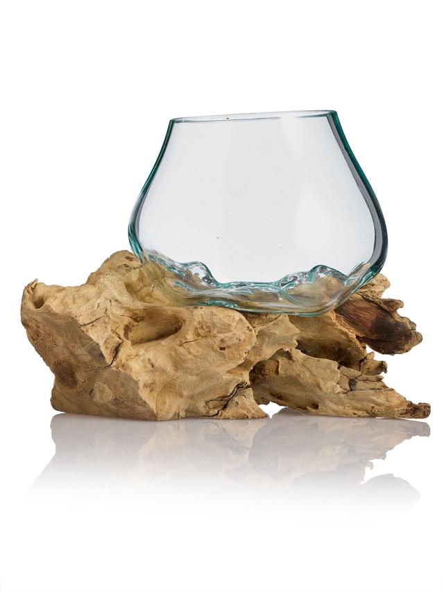 Teakholz mit Glasvase, rund ca. 15-20 cm