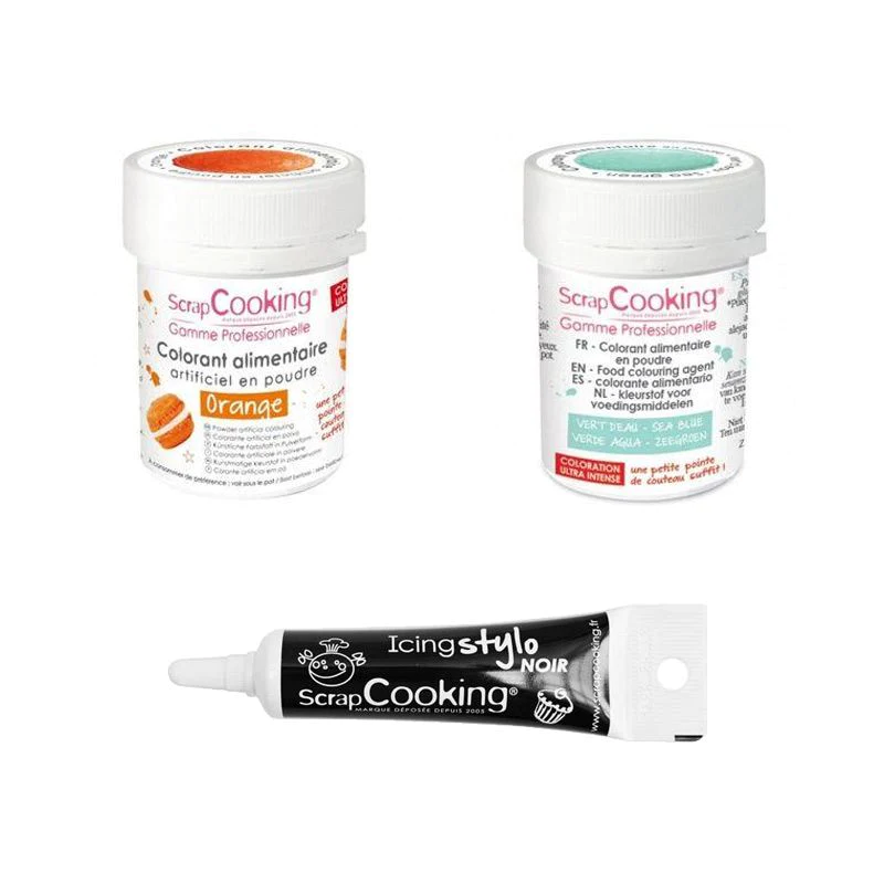 2 colorants alimentaires orange-vert d'eau + Stylo glaçage noir Scrapc