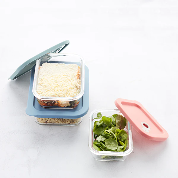 Boite rectangle en verre avec couvercle en silicone bleu 1 L Point Vir