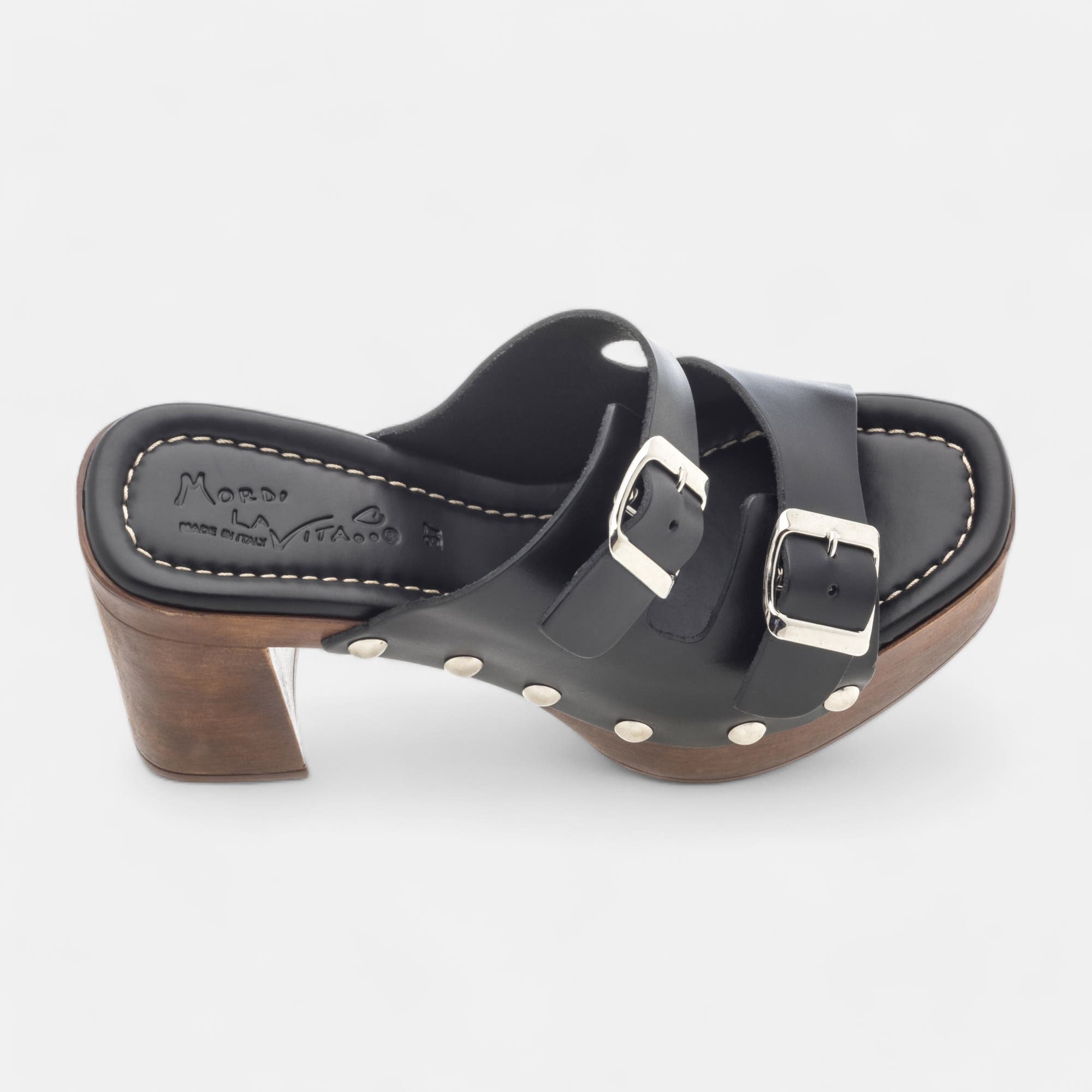 Chaussures semelle bois à talon Femme en cuir noir