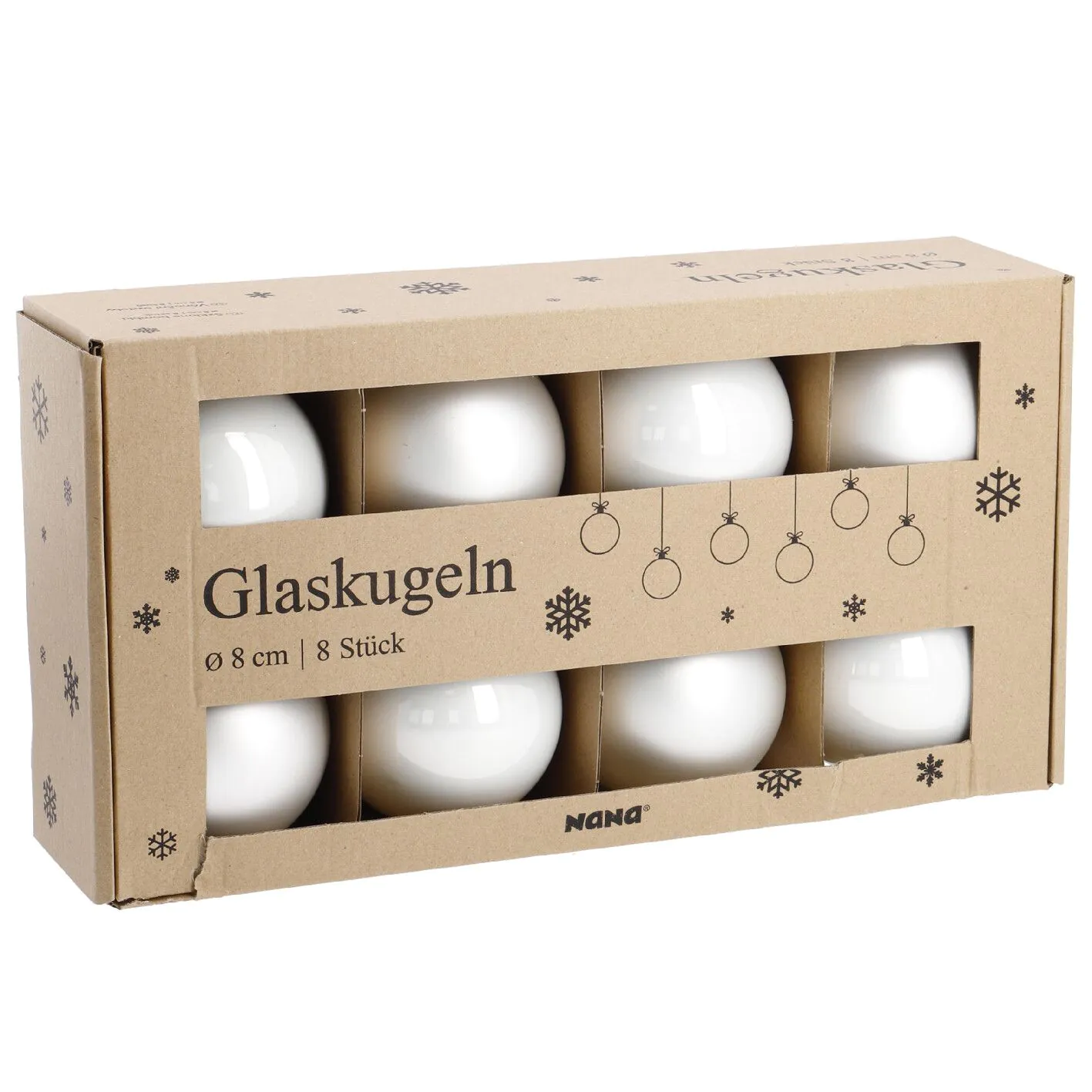 8er Weihnachtskugel Set Glaskugeln 8 cm, weiß