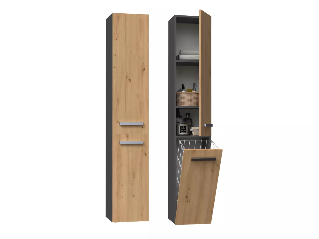 YANA - Meuble salle de bain avec panier à linge - 31x30x174 cm - Colonne rangement SDB