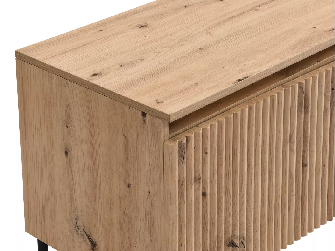 Meuble TV 2 portes, 1 tiroir et 1 niche en MDF et métal - Avec LEDs - Naturel et Noir - VIDALEO