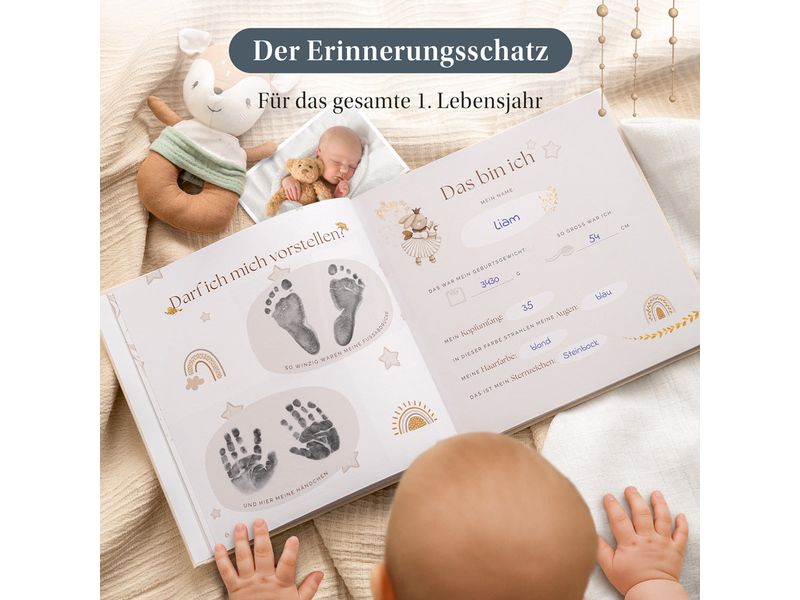 Eulentaler Babyalbum Scandi Gold Leinen, 92 Seiten Liebevoller Erinnerungsschatz fürs erste Babyjahr