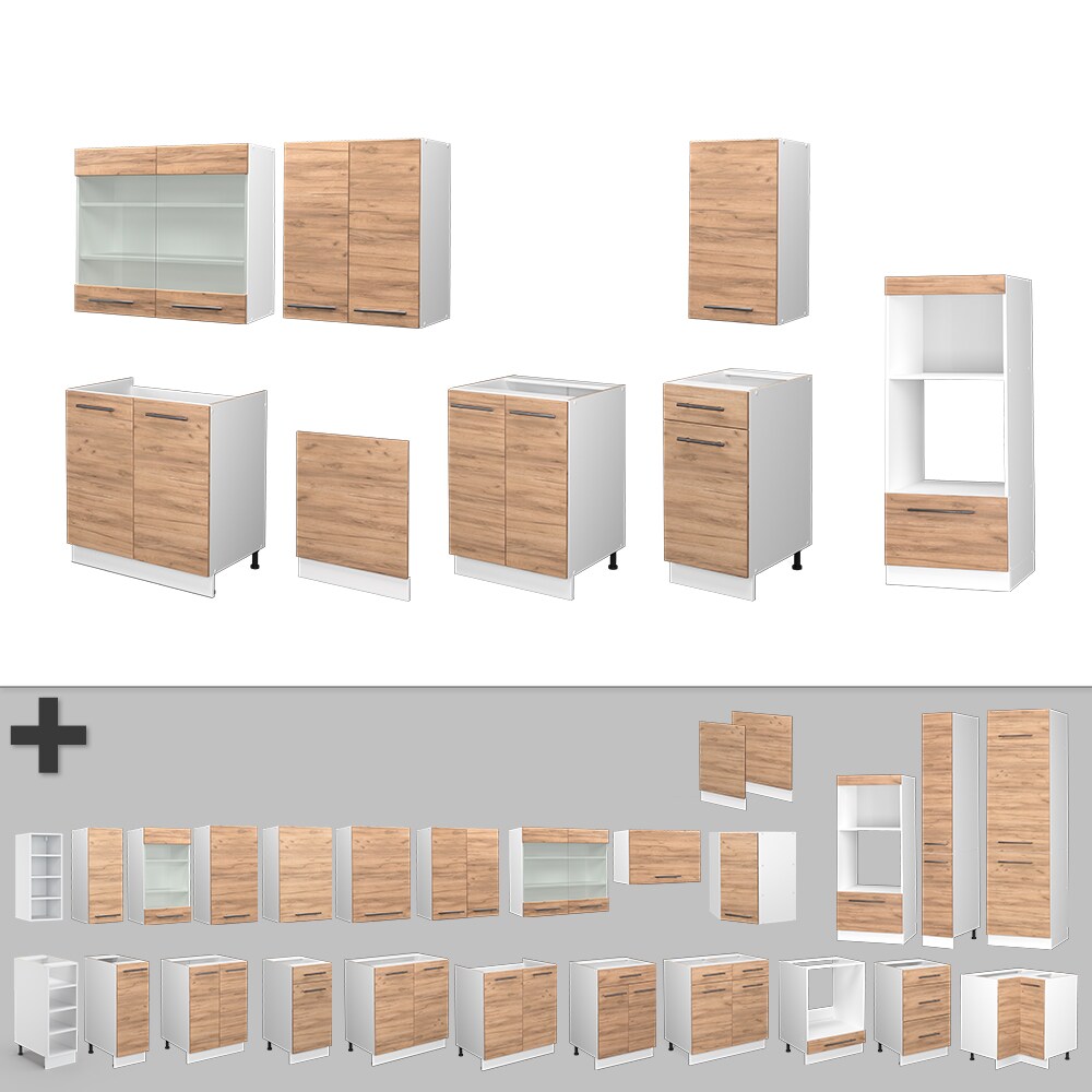 Vicco Küchenzeile Küchenblock Einbauküche Fame-Line Weiß Eiche 300 cm modern Küchen Schränke Schubunterschrank Unterschrank Spülenunterschrank Hängeschrank Mikrowellenschrank Geschirrspülerblende