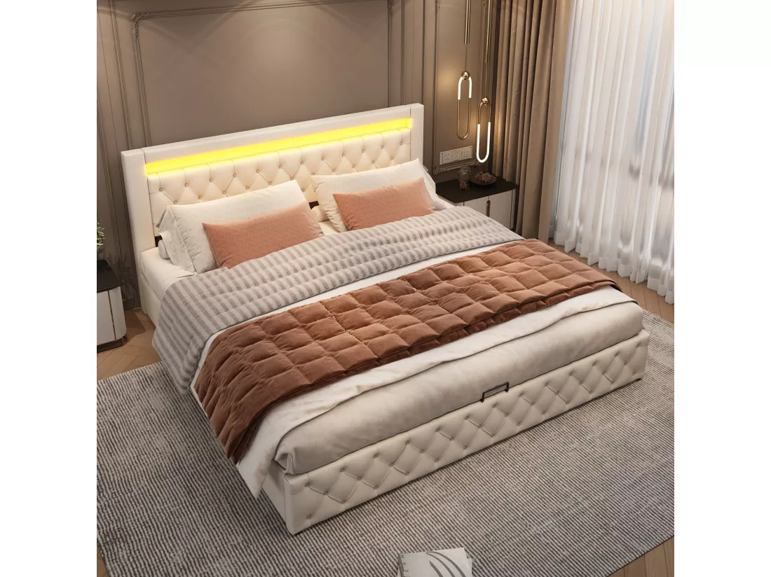 Lit coffer avec LED 180x200cm, Tissu PU, avec cadre à 12 lattes, charge max 220kg, Blanc