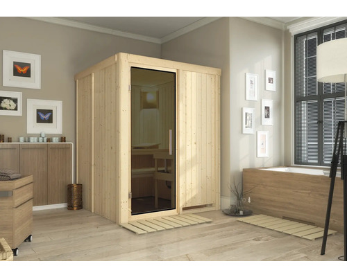 Karibu Norina modulaire sauna zonder oven en dakrand, met grafietkleurige volledig glazen deur