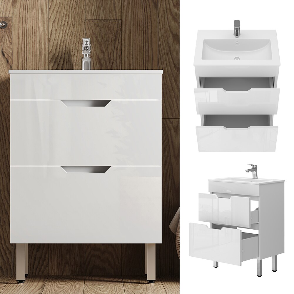 Vicco Waschbecken mit Unterschrank Clayton 60 cm breit, Waschtisch Hochglanz Weiß