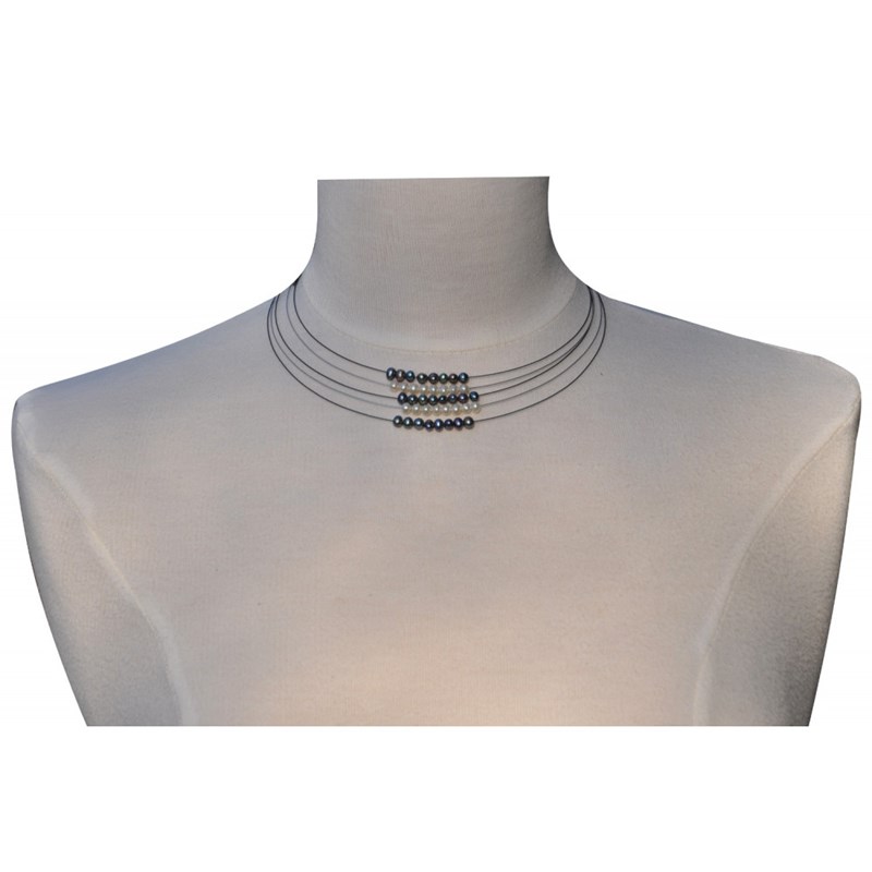 Collier Multi-fils Argent Perles Blanches et Gris Foncés
