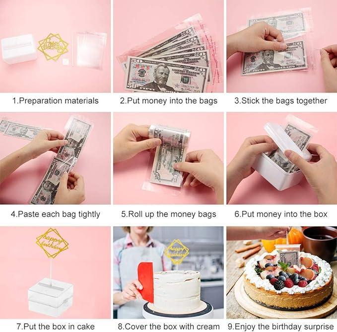 (22-tlg. Set) Kuchen Deko Überraschungs Geldschein Spender Geschenk Box mit Topper für Torten / Kuchen - Transparent / Gold