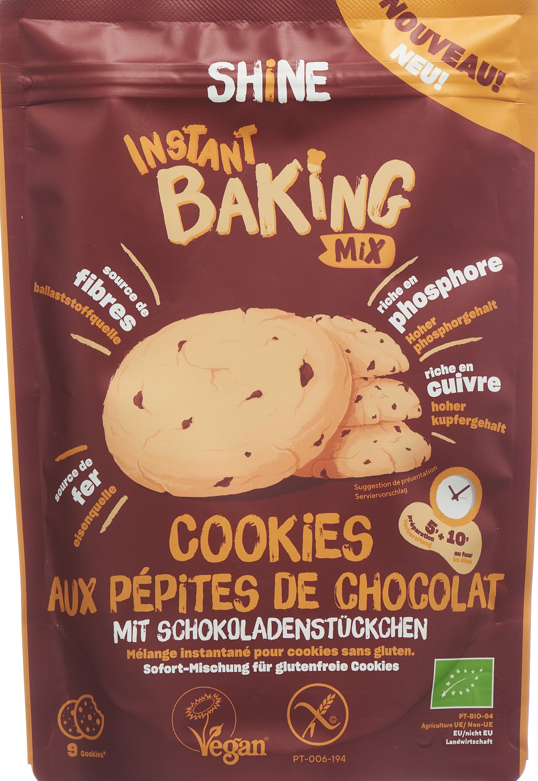SHINE Instant Baking Mix Cookies Schoko Chips BIO Btl 300 g