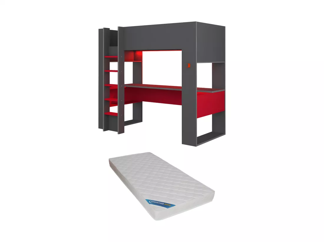 Lit mezzanine gamer NOAH avec bureau et rangements intégrés - 90 x 200 cm - Avec LEDs - Anthracite et rouge + matelas