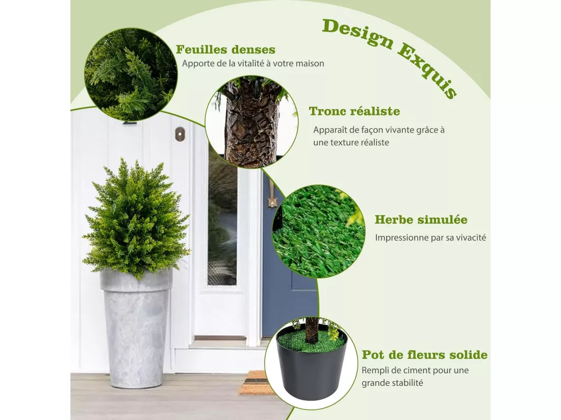 Arbres Artificiels de Boule Topiaire Cèdre de 55 cm, Lot de 2 Plantes Artificielles en Pot avec Base en Ciment Résistant aux UV, Fausses Plantes Décoration pour Salon Bureau