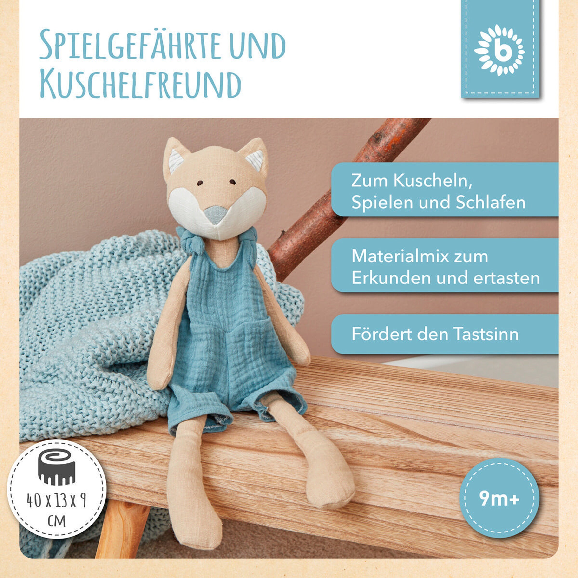 Bieco Kuscheltier aus Leinen & Musselin Fuchs - ab Geburt Blau