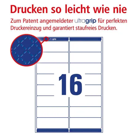 Avery Zweckform L7162-40 Adress-Etiketten,A4 mit ultragrip,99,1 x 33,9 mm, 40 Bogen/640 Etiketten, weiß
