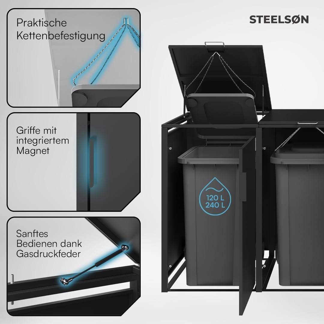 STEELSØN Thoria Mülltonnenbox 4er bis 240L – Mülltonnenverkleidung aus Stahl in Graphitschwarz – hochwertige Müllcontainer für 4 Tonnen – Müllbox wetterfest – UV-beständige Gerätebox/Mülltonnen Box