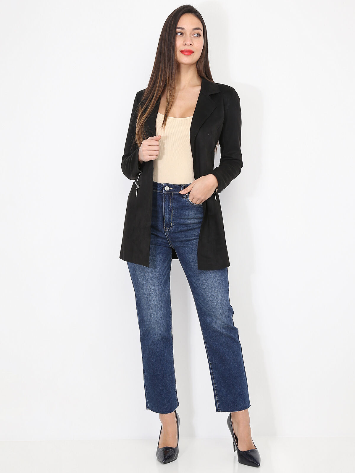 Veste longue en suédine à zips- Noir
