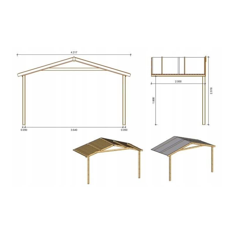 Abri de jardin en bois - 4x3 m - 20 m2 + terrasse avec balustrade et avant-toit en bois