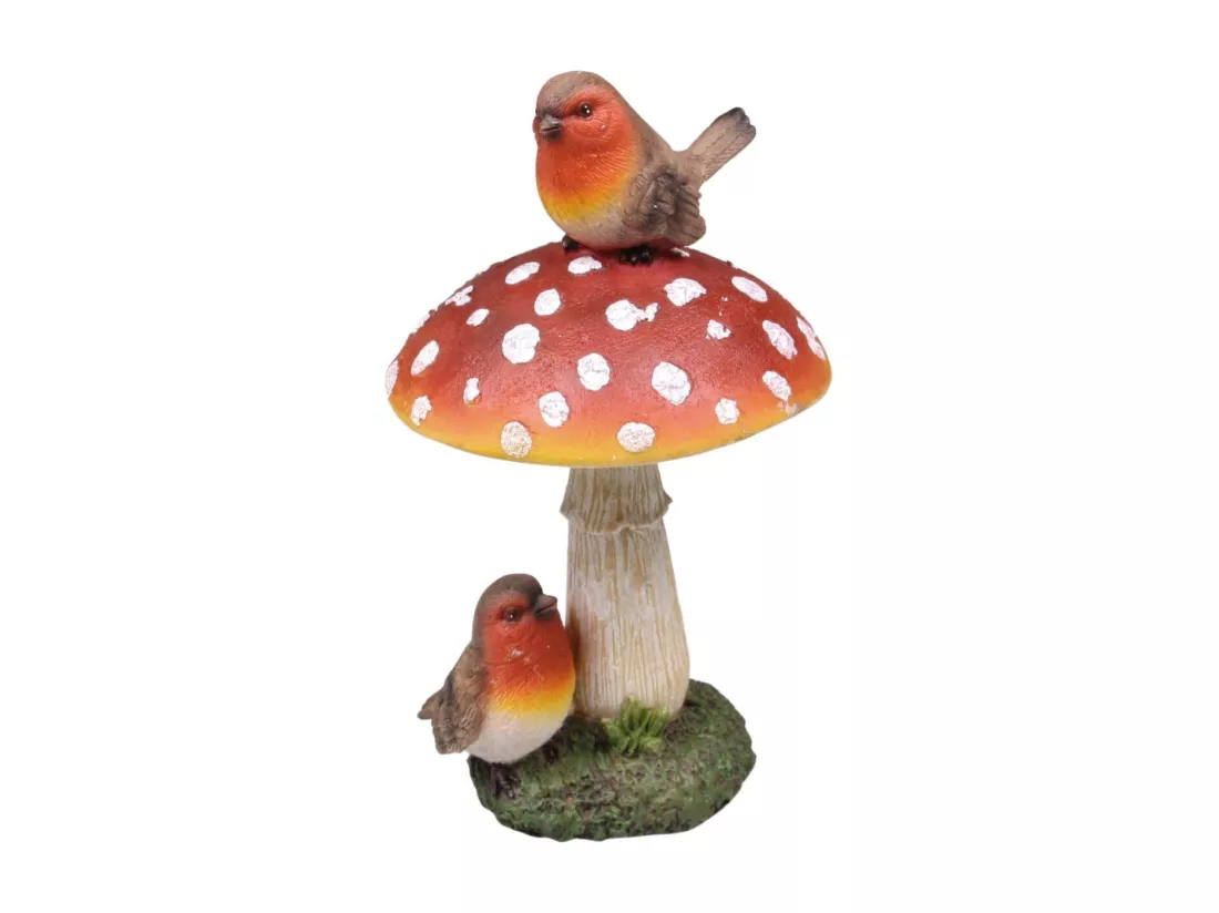Champignon avec oiseaux en résine 8 x 16 cm