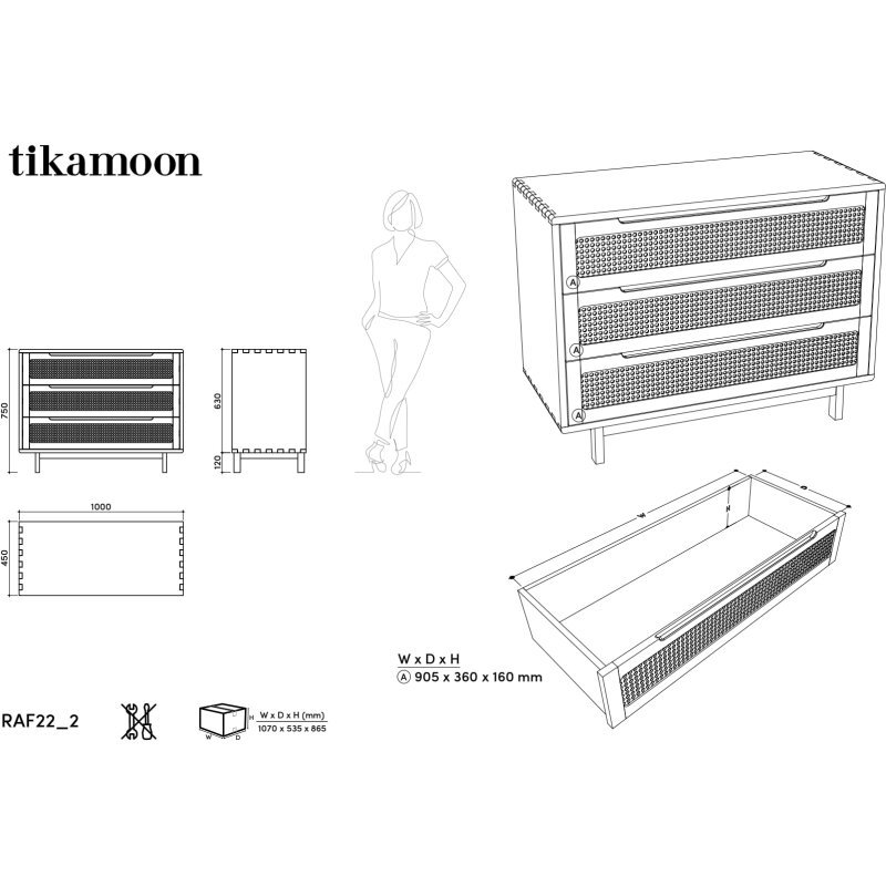 Commode en orme massif et cannage Luis