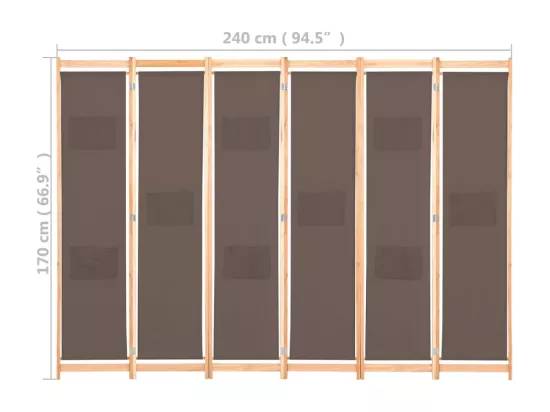 Cloison de séparation 6 panneaux Marron 240 x 170 x 4 cm Tissu
