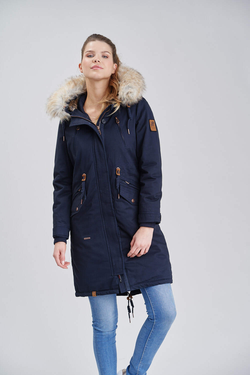 NAVAHOO Damen Designer Langer Wintermantel Parka mit Kunstfell-Kapuze Kin-Joo