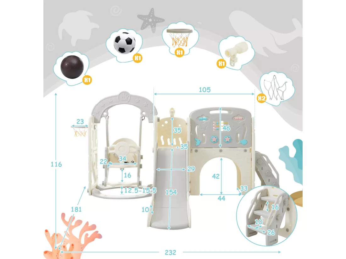 Ensemble balançoire de jeux pour enfants 10 en 1 - 232 x 181 x 116cm - en matériel HDPE - avec toboggan - Gris