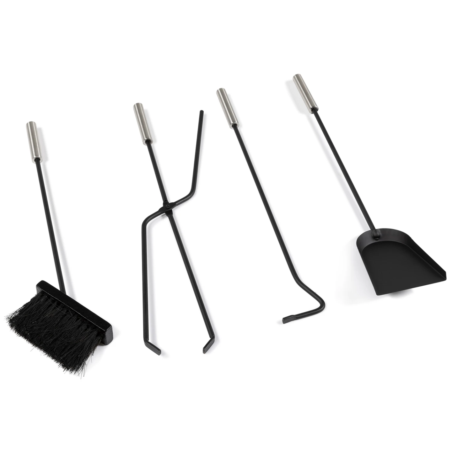 Ensemble serviteur de cheminée noir inox 5 éléments pelle balai tisonnier pince avec support