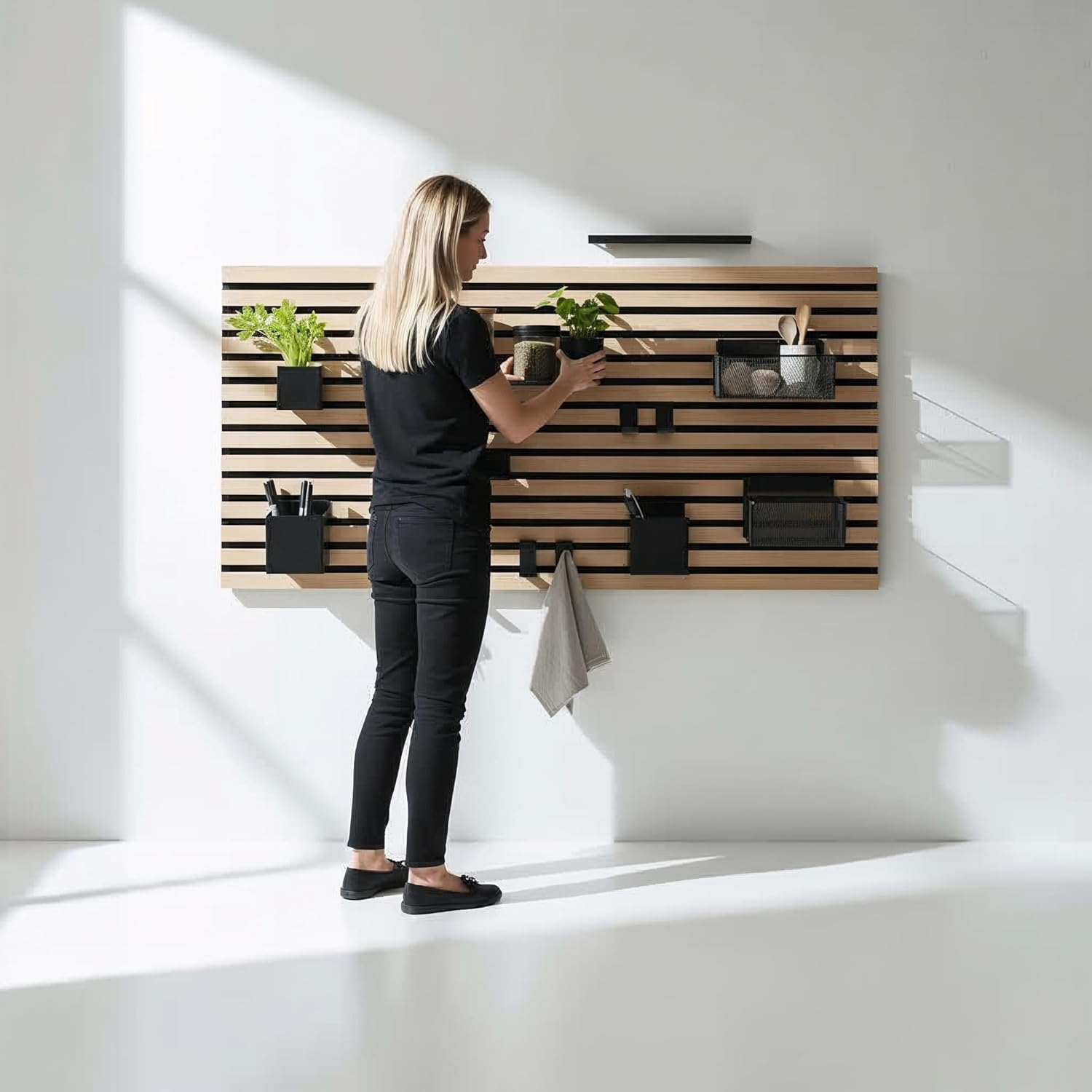 Steinmine - Designmanufaktur Wandorganizer (60 x 120 cm) - Akustikpaneel mit Eichenholzlamellen - inkl. Zubehör - einfache Montage - für Büro, Flur, Küche, Bad und mehr