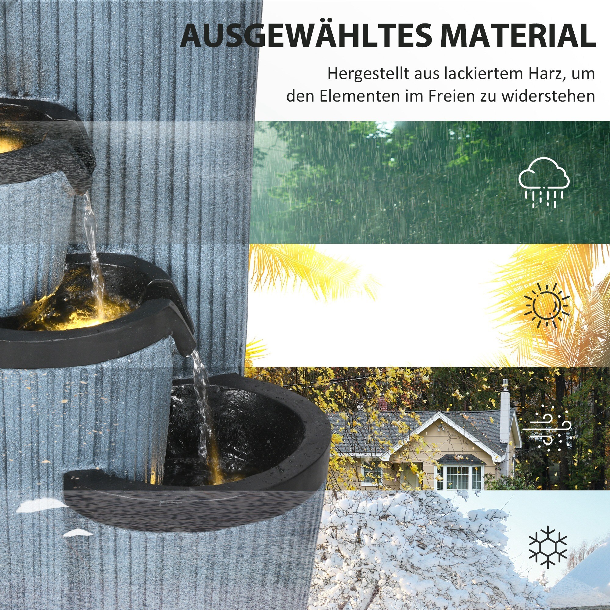 Outsunny Gartenbrunnen mit LED-Beleuchtung grau 33L x 30B x 57,5H cm
