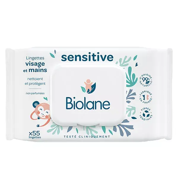 Lenços umedecidos Biolane para rosto e mãos sensíveis, para uso no banheiro e no vaso sanitário, 55 unidades.