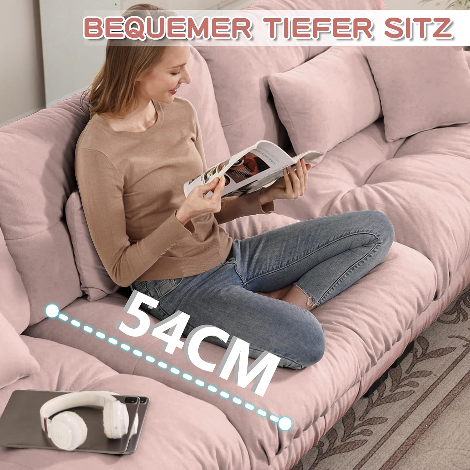 HAUSPROFI Modulares Sofa aus Chenille | Cloud Couch mit Ottomane Lenden- & Dekokissen | Tiefsitz, breite Armlehnen & ohne Montage | für Wohnzimmer, Apartment, Studio, Büro (Rosa,2-Sitzer + 2-Otto)