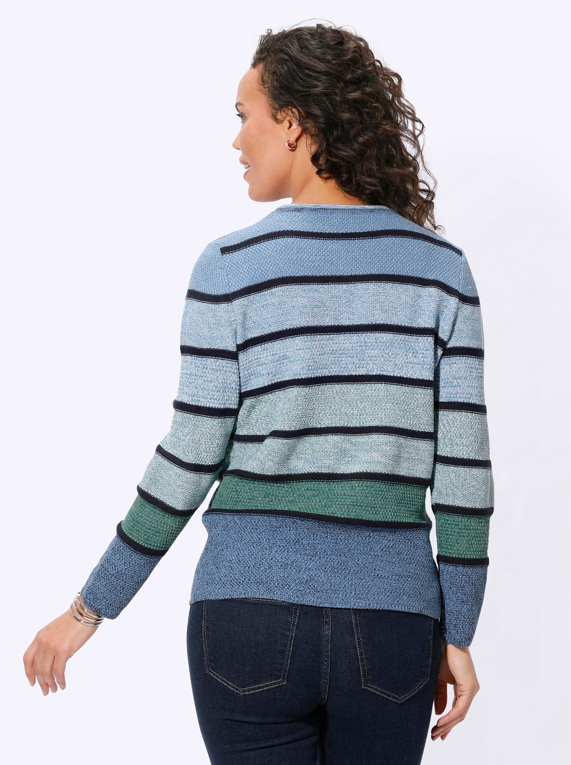 Pullover in mittelblau-grün-geringelt